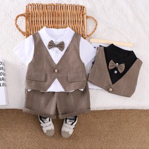 Boys Summer Plaid Bow Tie Vest Short-Sleeved Fashionable Baby Boy Casual Two-Piece Summer Boy and Kidsren Suit