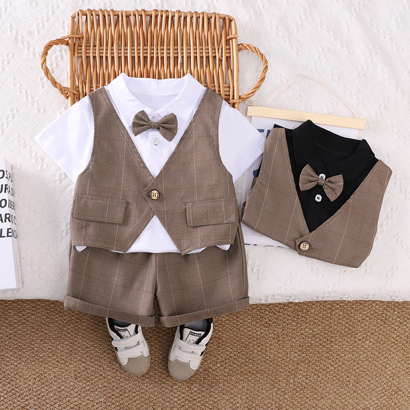 Boys Summer Plaid Bow Tie Vest Short-Sleeved Fashionable Baby Boy Casual Two-Piece Summer Boy and Kidsren Suit