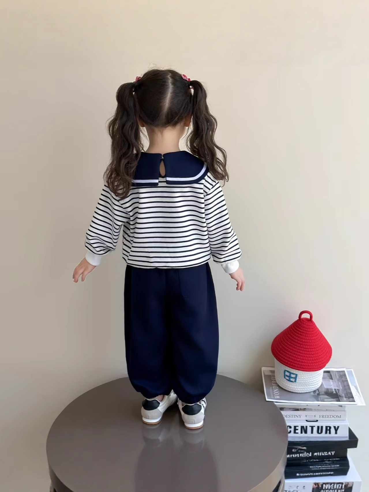 Girls Autumn Sweater Set Children's Cute Navy Collar Casual Top Baby Cartoon Striped Tie Sweater - Image 5