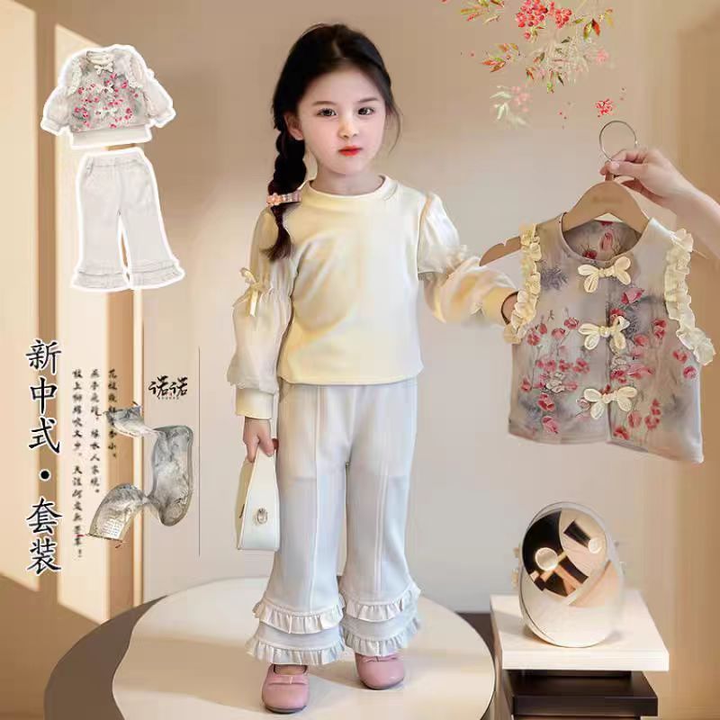 Girls' Autumn Outfit Three-Piece Set New Chinese Style Children's Trendy Suit Puff Sleeve Base Shirt Children's Pants - Image 2