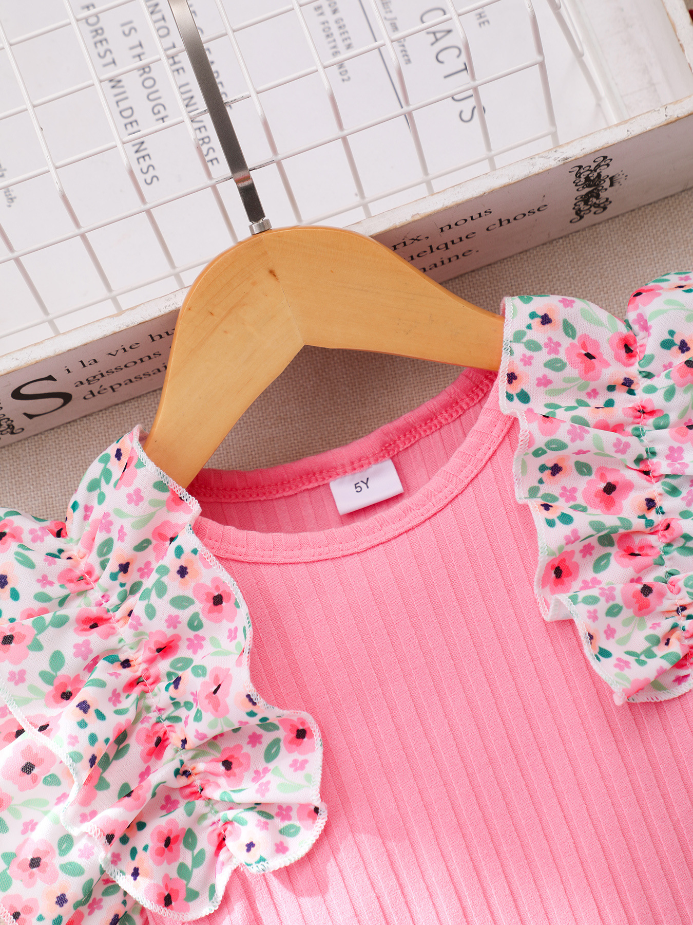 Girls' (Small) Two-Piece Set, Floral Double-Layer Ruffled Pit-Strip Top Floral Short Duplex Children's Embroidery - Image 5