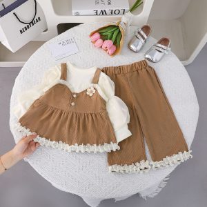 Girls' Spring suit Korean Style New 2025 Two-piece Set Children's Strap Stitching Long Sleeve Fake Two-piece Girls' Spring Dress
