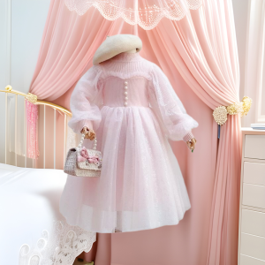 Girls' Princess Dress 2025 Autum Mesh Lantern Long-Sleeved Spliced Pure Color Knitted Puffy Dress for Little Girls