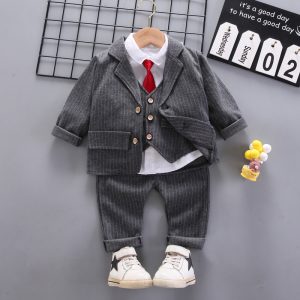 Korean Style Boys' Striped Suit Cardigan Spring Children's Tie Shirt Long-Sleeve Suit Vest Four-Piece Set Trendy Direct Sale