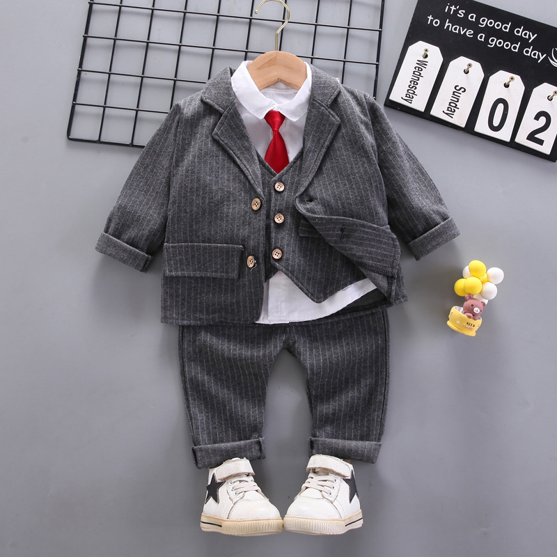 Korean Style Boys' Striped Suit Cardigan Spring Children's Tie Shirt Long-Sleeve Suit Vest Four-Piece Set Trendy Direct Sale