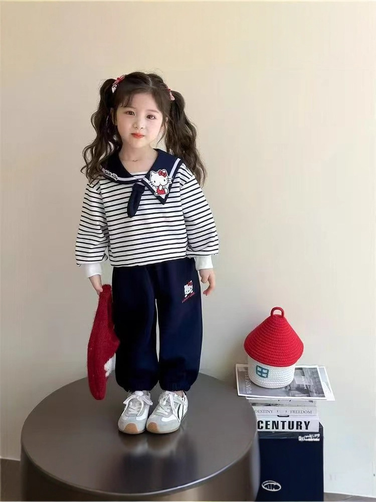 Girls Autumn Sweater Set Children's Cute Navy Collar Casual Top Baby Cartoon Striped Tie Sweater - Image 4
