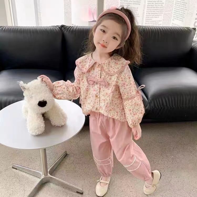 Girls Floral Suit Autumn and Winter 2023 Spring & Fall New Style Baby Girl Doll Collar Shirt Two-Piece Thin Set - Image 4