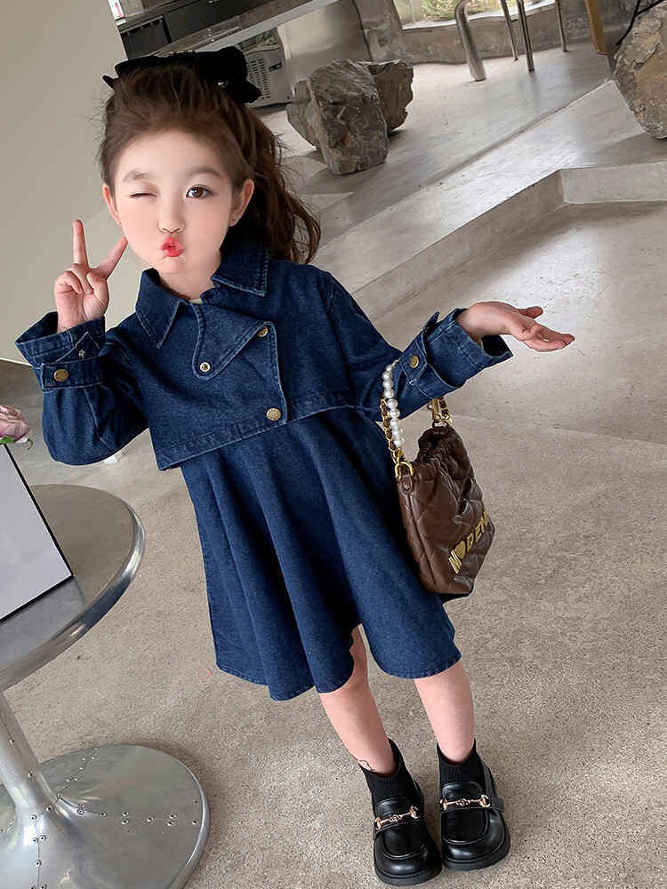 Girls' Dress Autumn 2025 New Early Autumn Denim Jacket Stylish Autumn Outfit Children's Set Dress - Image 5