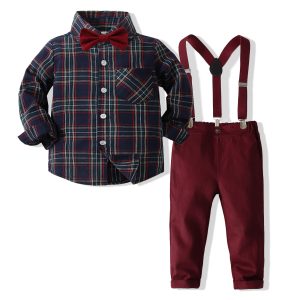Boy's Autumn Suit Dress Two-Piece Long-Sleeved Plaid Shirt Suspender Pants Gentry Banquet Clothes