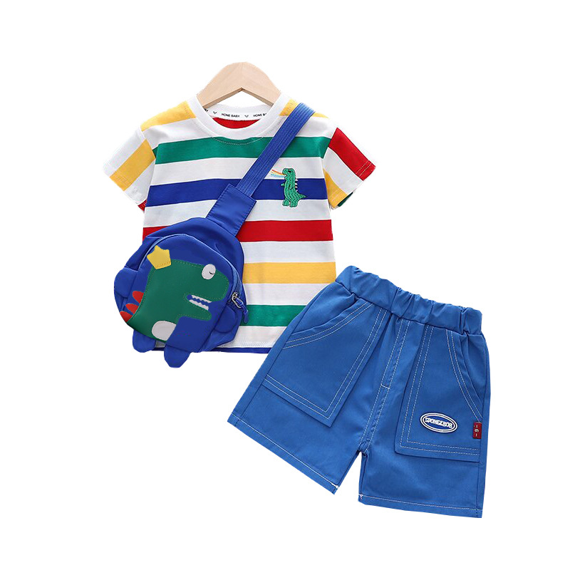 Boys' summer new suit toddler Baby western style striped dinosaur bag short sleeve two-piece suit fashion hot - Image 5