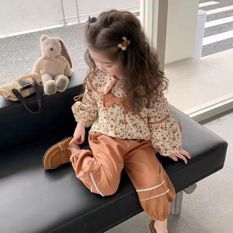 Girls Floral Suit Autumn and Winter 2023 Spring & Fall New Style Baby Girl Doll Collar Shirt Two-Piece Thin Set - Image 2