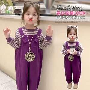 Girls' Spring suit 2025 New Purple Striped Belt Pants suit Western Style Striped Sweat Belt Pants Two-piece Set