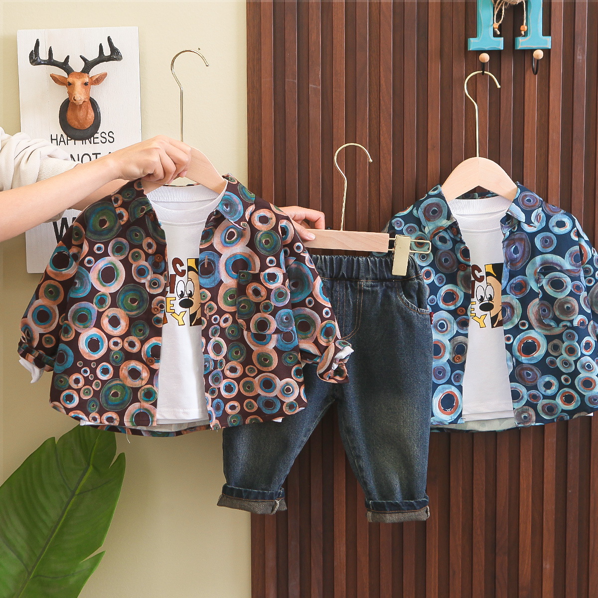 Baby boy spring floral shirt cartoon three-piece suit 0-1-3 years old handsome little children's clothing 4 boys spring and autumn