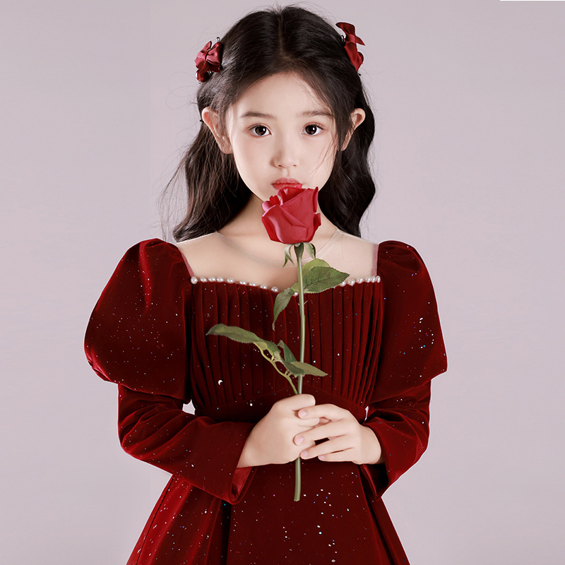 Girls Dress Princess Dress Classy Accessible Luxury Piano Performance Dress Kidsren's Host Red Autum Dress Dress - Image 5