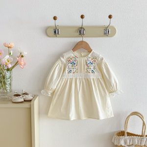 Girls Dress Retro Flower Embroidery Autumn 2025 New Lace Long Sleeve Sweet Children's Princess Dress