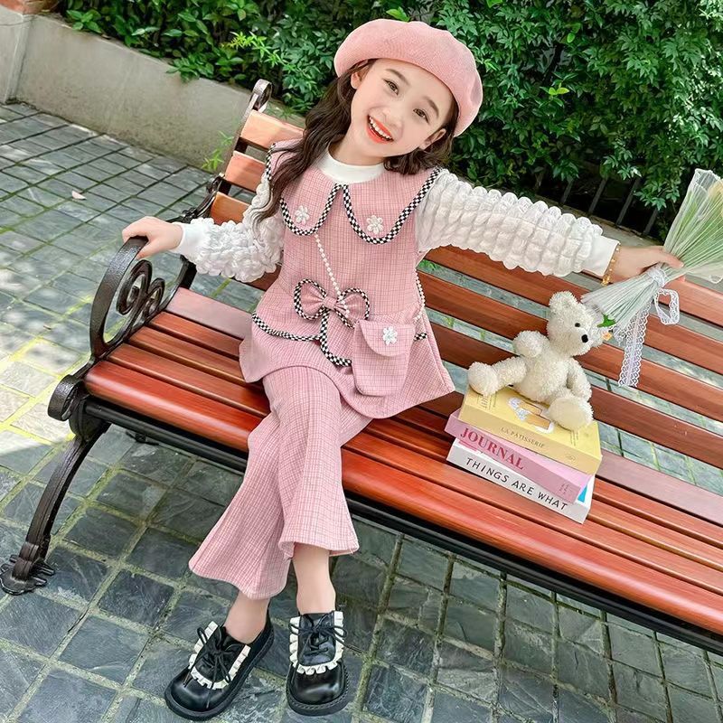 2024 New Autum Girls' Suits Sweet Bow Pink Vest Casual Pants Bottoming Shirt Tops Three Pieces - Image 3
