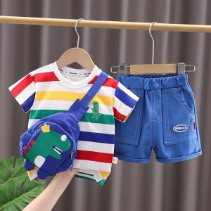 Boys' summer new suit toddler Baby western style striped dinosaur bag short sleeve two-piece suit fashion hot