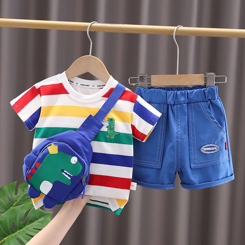 Boys' summer new suit toddler Baby western style striped dinosaur bag short sleeve two-piece suit fashion hot