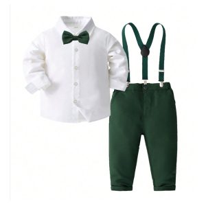 Boys' Spring Set Children's White Long Sleeve Shirt Strap Pants 2 Pieces Party Dress