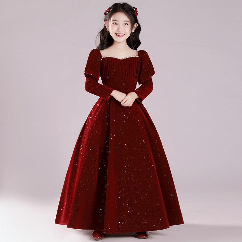 Girls Dress Princess Dress Classy Accessible Luxury Piano Performance Dress Kidsren's Host Red Autum Dress Dress