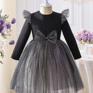 Ls00128 Cross-Border Autumn and Winter Girls' Children's Clothing Long-Sleeved Stereo Flower Mesh Dress with Belt