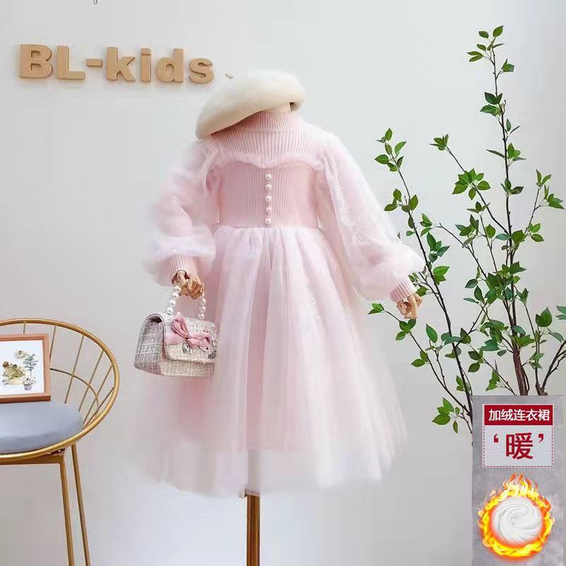 Girls' Princess Dress 2025 Autum Mesh Lantern Long-Sleeved Spliced Pure Color Knitted Puffy Dress for Little Girls - Image 4