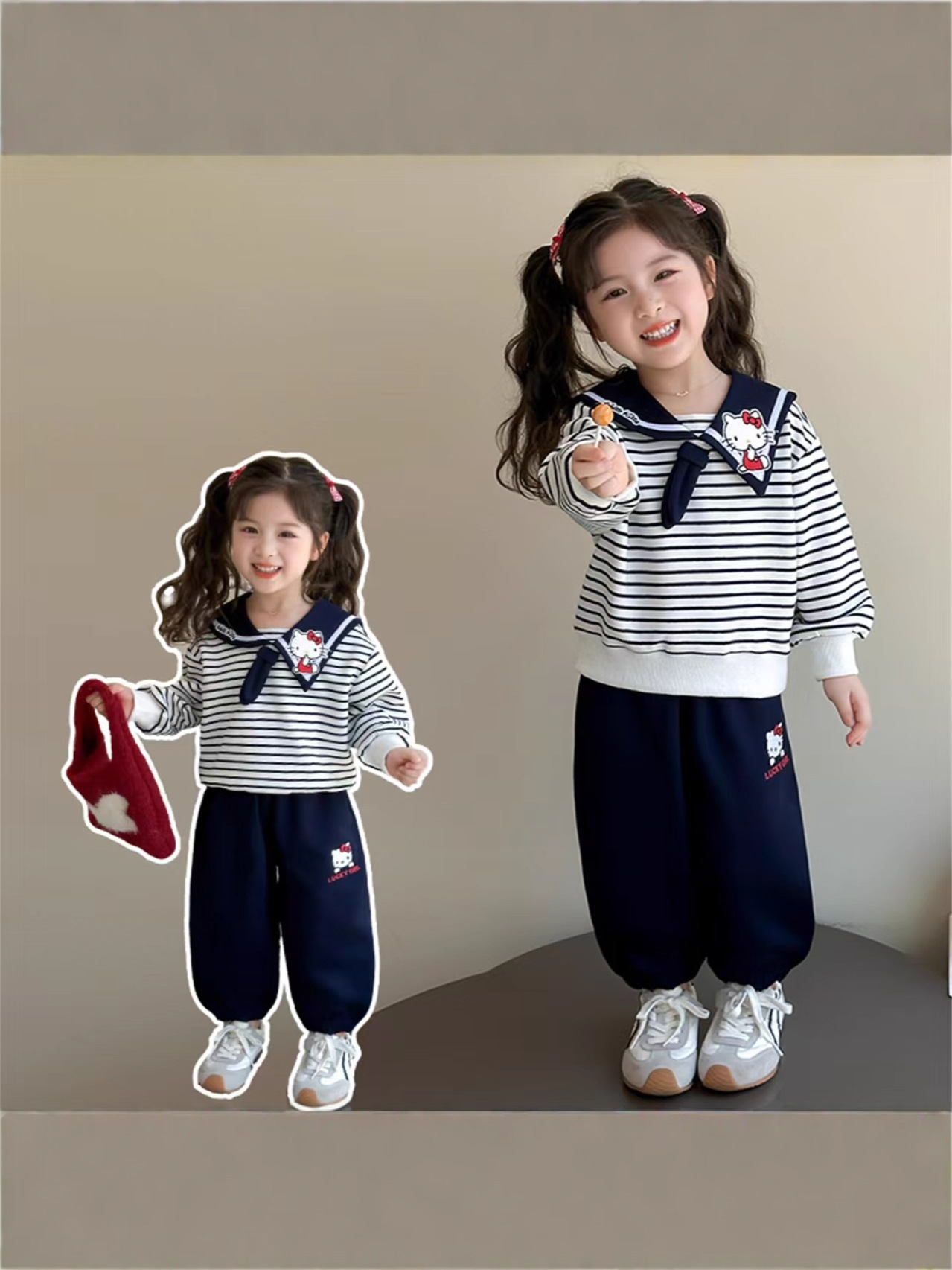 Girls Autumn Sweater Set Children's Cute Navy Collar Casual Top Baby Cartoon Striped Tie Sweater - Image 2