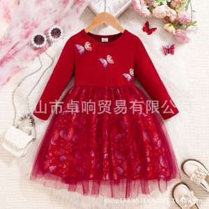 Amazon Cross-border Girls Middle-aged Children 3-10 Years Old Multi-color Butterfly Printing Long-sleeved Mesh dress