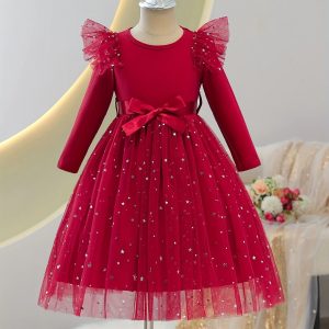 P24071 Cross-Border Autumn Girls' Children's Clothing Pure Color Small Flying Sleeves Long Sleeves with Sequined Mesh Dress with Belt