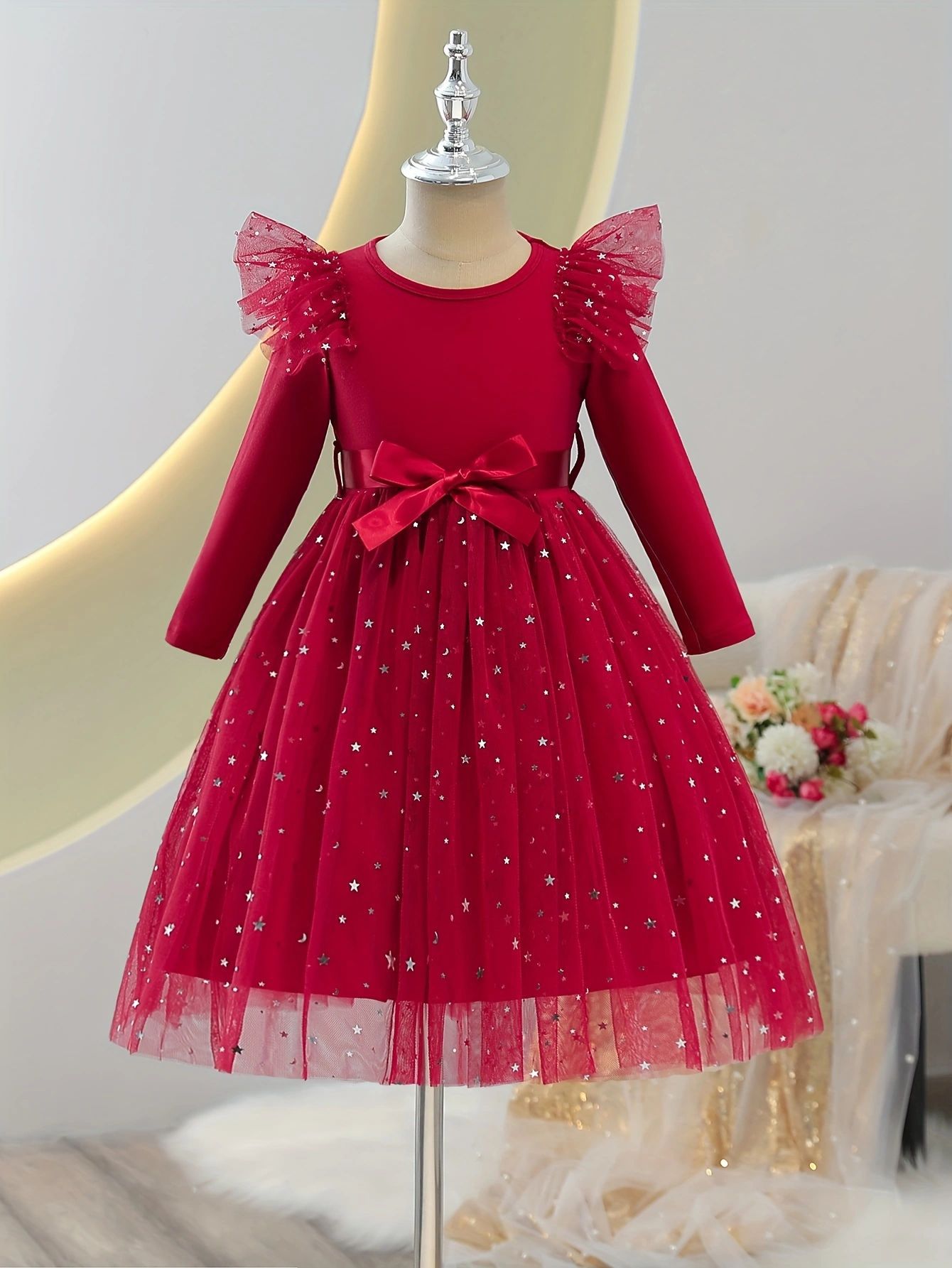 P24071 Cross-Border Autumn Girls' Children's Clothing Pure Color Small Flying Sleeves Long Sleeves with Sequined Mesh Dress with Belt