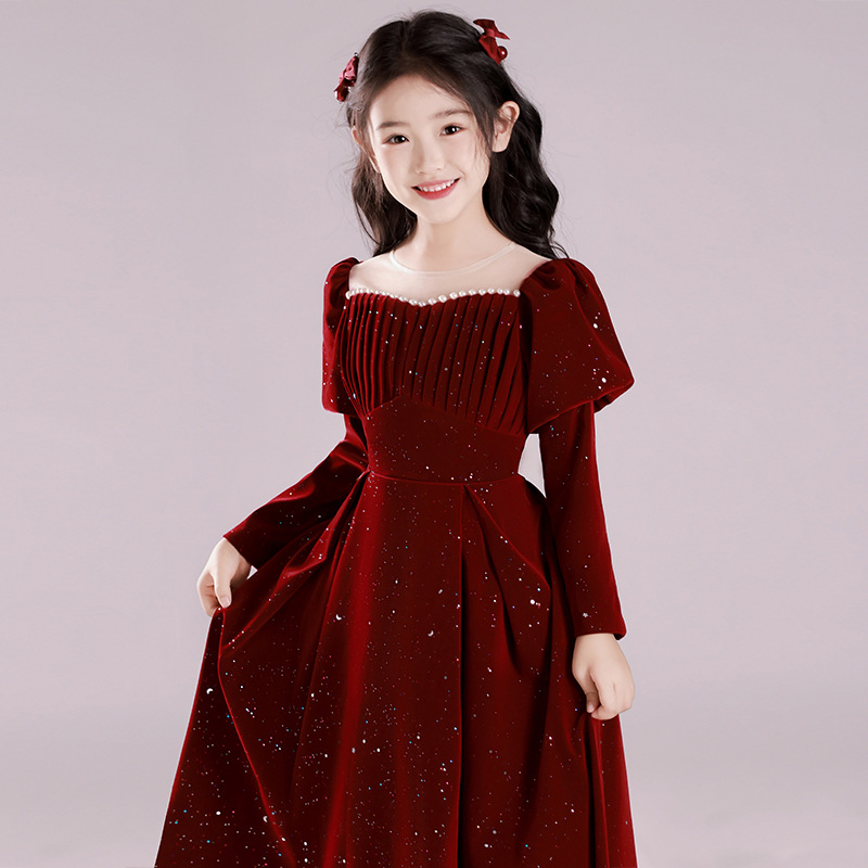 Girls Dress Princess Dress Classy Accessible Luxury Piano Performance Dress Kidsren's Host Red Autum Dress Dress - Image 2