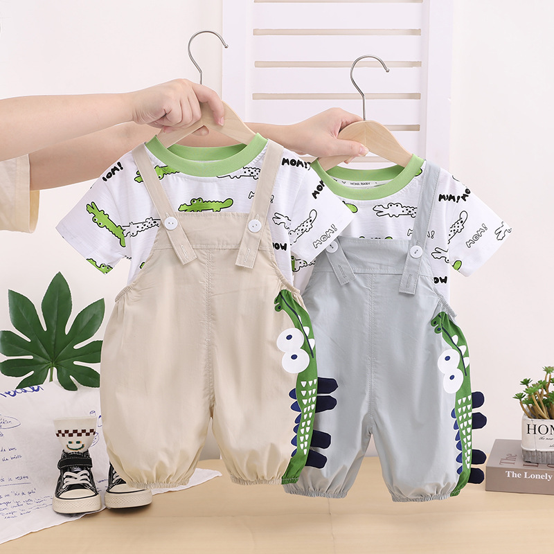 New Baby and Children's Fashionable Baby Summer Short-Sleeved Overalls Cartoon Two-Piece Set Trendy Fashionable Boy Summer Suit