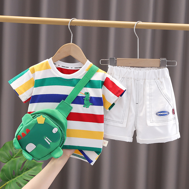 Boys' summer new suit toddler Baby western style striped dinosaur bag short sleeve two-piece suit fashion hot - Image 2