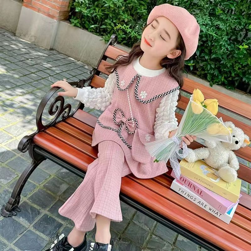 2024 New Autum Girls' Suits Sweet Bow Pink Vest Casual Pants Bottoming Shirt Tops Three Pieces - Image 4
