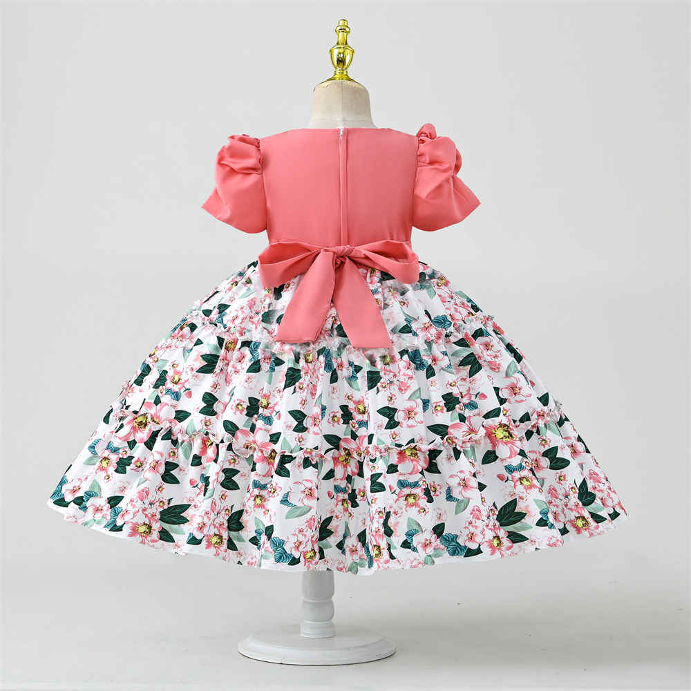 Girls' Dresses, Children's Clothing Wholesale, Girls' Catwalk Performance Clothes, Printed Short-Sleeved Children's Princess Dresses, Korean Style - Image 4