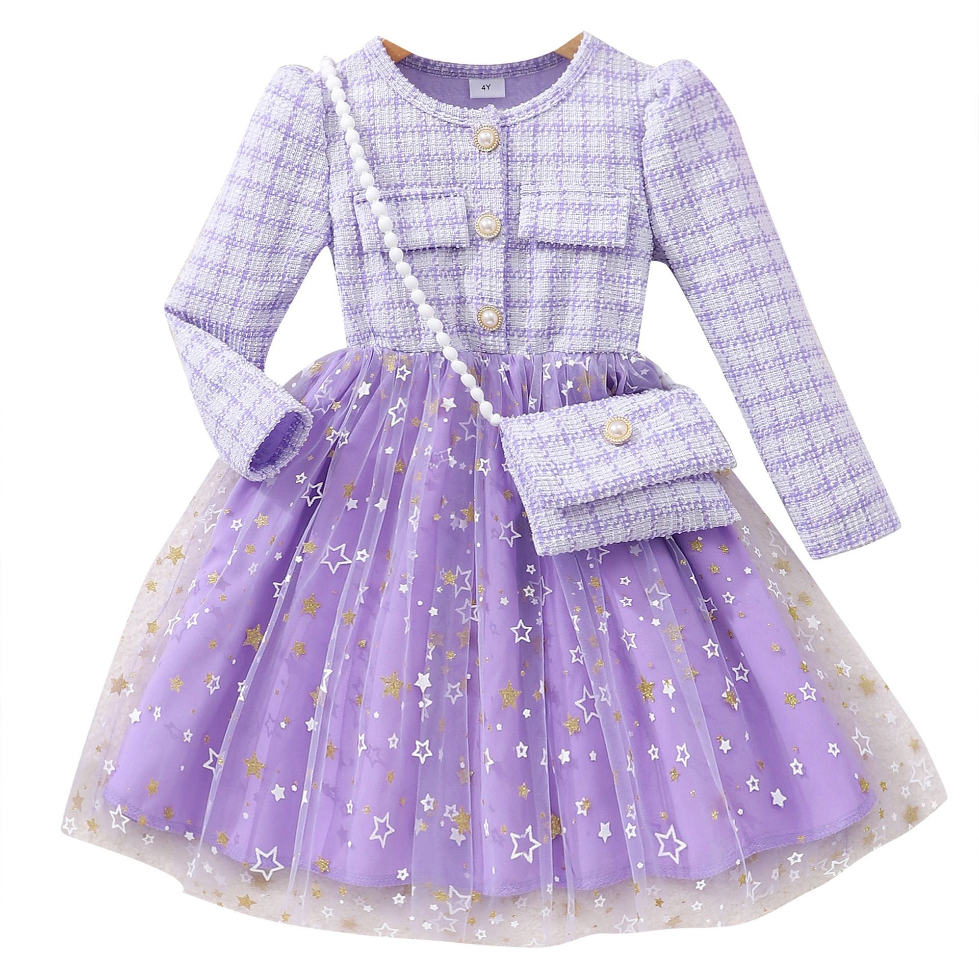 New Girl's Long Sleeve Lady's Star Mesh dress with Small Bag - Image 5