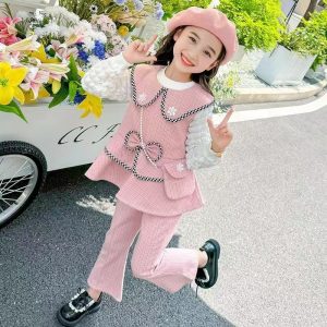 2024 New Autum Girls' Suits Sweet Bow Pink Vest Casual Pants Bottoming Shirt Tops Three Pieces
