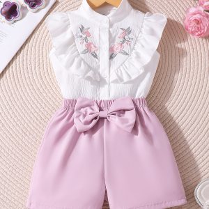 Girls' (Small) Two-Piece Set, Floral Double-Layer Ruffled Pit-Strip Top Floral Short Duplex Children's Embroidery