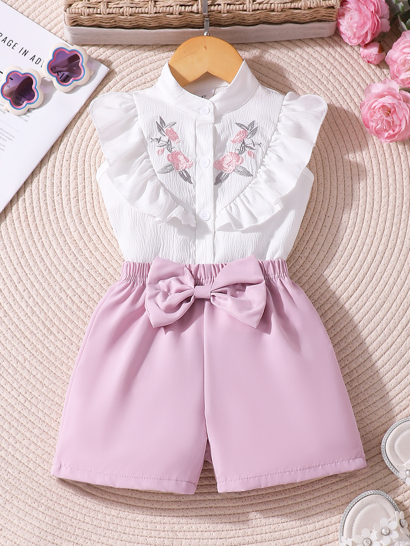 Girls' (Small) Two-Piece Set, Floral Double-Layer Ruffled Pit-Strip Top Floral Short Duplex Children's Embroidery