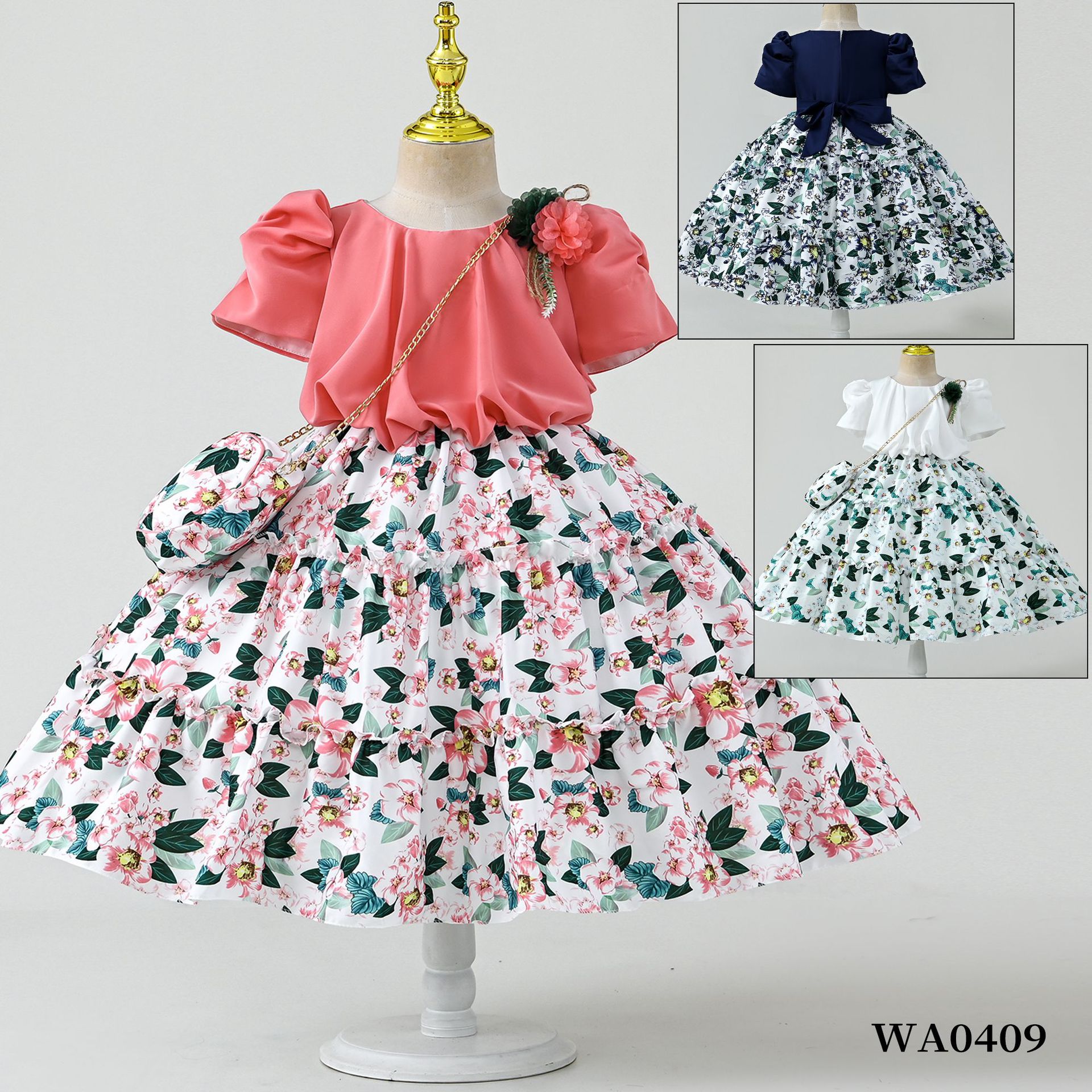 Girls' Dresses, Children's Clothing Wholesale, Girls' Catwalk Performance Clothes, Printed Short-Sleeved Children's Princess Dresses, Korean Style