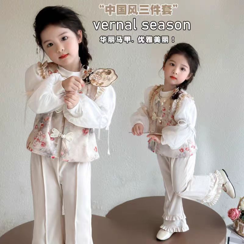 Girls' Autumn Outfit Three-Piece Set New Chinese Style Children's Trendy Suit Puff Sleeve Base Shirt Children's Pants - Image 4