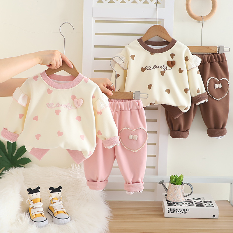 2025 New Autumn Clothing for Girls, Heart Sweatshirt Suit, Korean Style Kidsren's Baby Girl Two-Piece Set, Fashionable Export Clothing