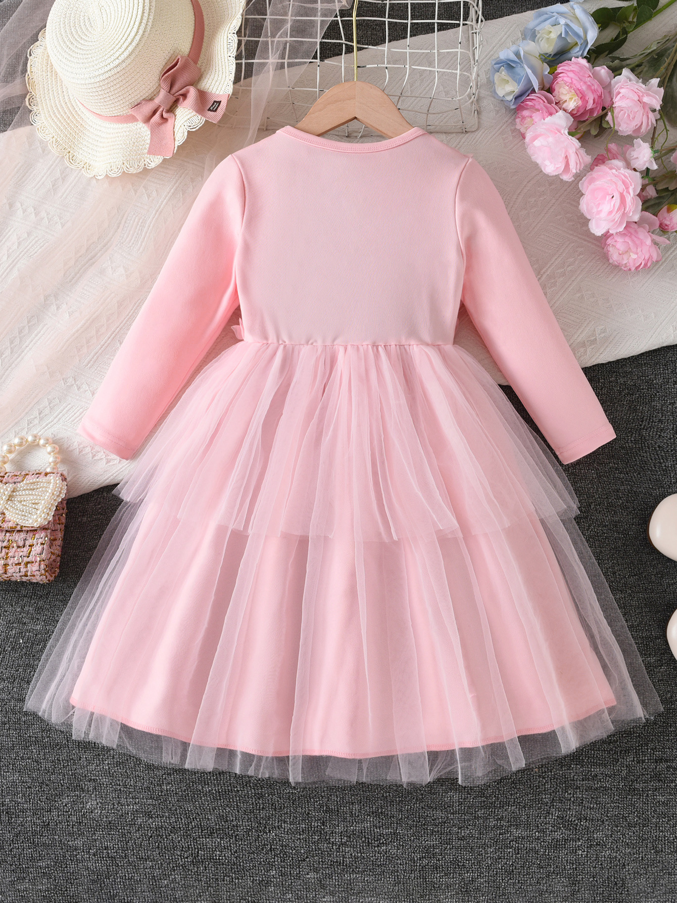 Cross-Border Girls Dress Pink Flower Bow Long-Sleeved Gauze Princess Dress Tutu Skirt Autum Kidsren's Skirt - Image 2