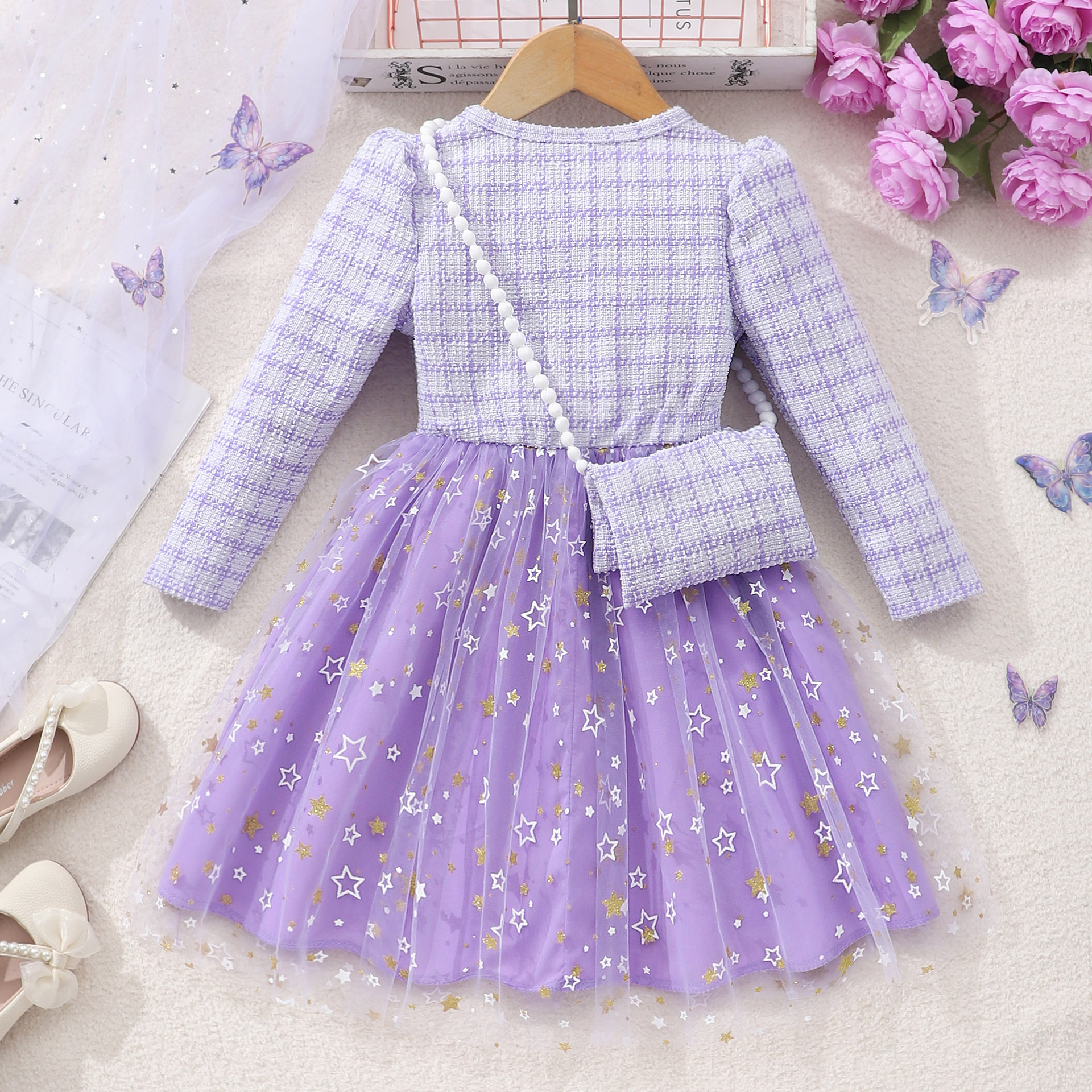 New Girl's Long Sleeve Lady's Star Mesh dress with Small Bag - Image 2