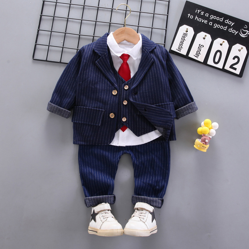 Korean Style Boys' Striped Suit Cardigan Spring Children's Tie Shirt Long-Sleeve Suit Vest Four-Piece Set Trendy Direct Sale - Image 4