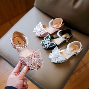 Girls Princess Shoes Cross-Border Summer New Bow Pearl Sandals Children's Single Shoes Baby High-Looking Small Leather Shoes