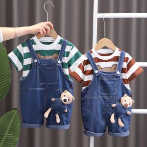 Boys' Short-sleeved suit 2025 Summer New Clothes Small and Medium-sized Children's Striped Bear Straps Two-piece Trendy Pants