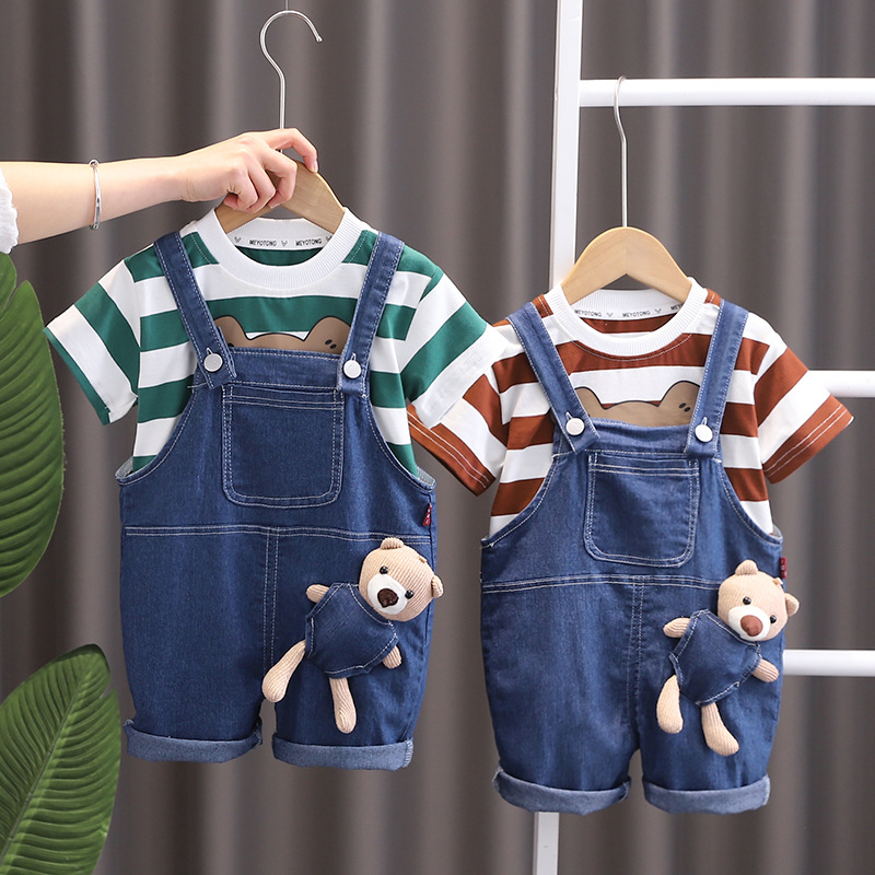 Boys' Short-sleeved suit 2025 Summer New Clothes Small and Medium-sized Children's Striped Bear Straps Two-piece Trendy Pants