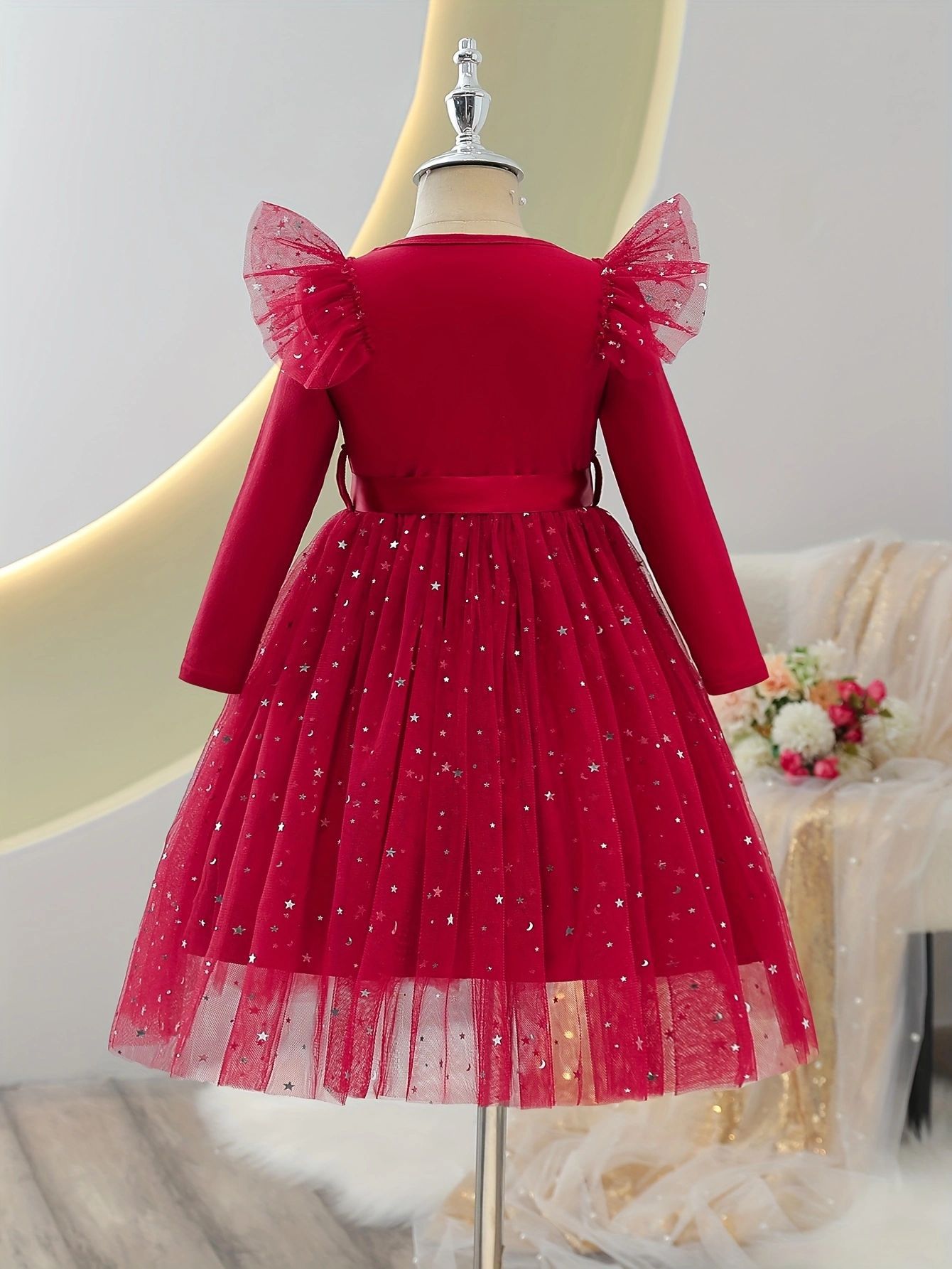 P24071 Cross-Border Autumn Girls' Children's Clothing Pure Color Small Flying Sleeves Long Sleeves with Sequined Mesh Dress with Belt - Image 2