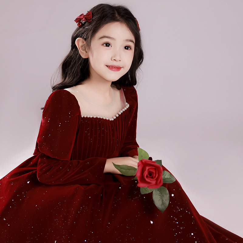 Girls Dress Princess Dress Classy Accessible Luxury Piano Performance Dress Kidsren's Host Red Autum Dress Dress - Image 4